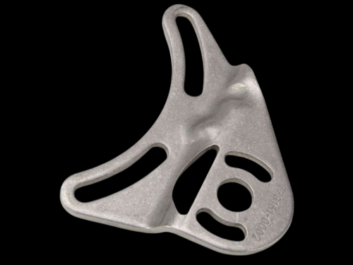 Garrett GT28 adjustable wastegate bracket, cast metal, angled view showing mounting holes and slots