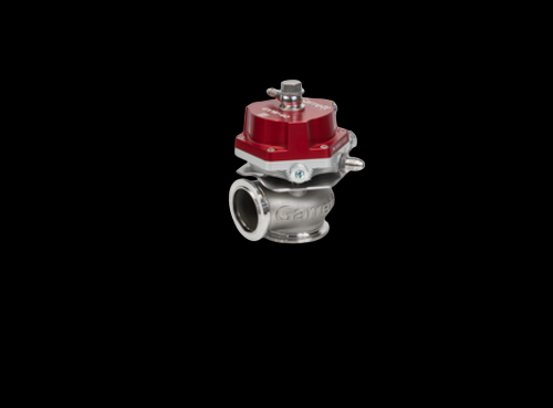 Garrett GVW-40 40mm wastegate with red top cap, angled view showing flange, bolts, and actuator