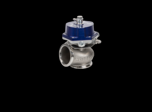 Garrett GVW-50 50mm wastegate with blue anodized top cap, side angle showing inlet flange and mounting bolts