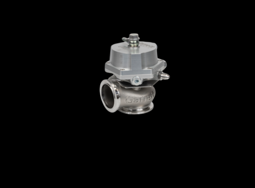 Garrett GVW-50 50mm wastegate kit in silver, angled view showing flanged inlet and top actuator cap