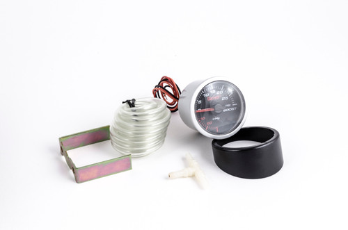 Garrett mechanical boost gauge kit, PSI, with mounting bracket, tubing, black cup, and T fitting