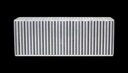 Vibrant Intercooler Core, front angle view showing dense vertical cooling fins, bare aluminum finish.
