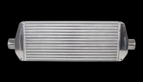 Vibrant air to air intercooler, front view showing cooling fins and two side inlet outlet pipes.