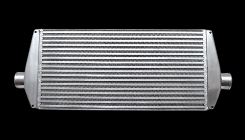 Vibrant air to air intercooler, front view showing bar and plate core with inlet and outlet end tanks, 25x12x3.5in