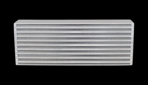 Vibrant air-to-air intercooler core, front view showing stacked cooling fins across the full width.