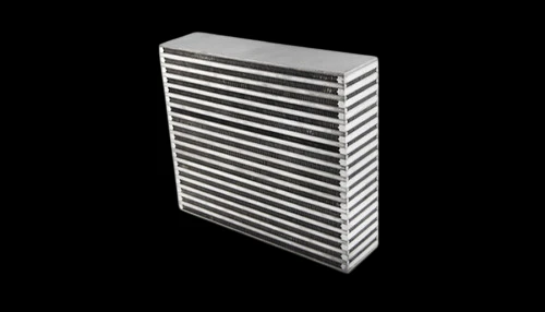 Vibrant Horizontal Flow Intercooler Core, angled view showing stacked cooling fins and end tank, no fittings visible