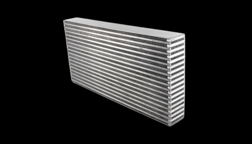Vibrant horizontal flow intercooler core, angled view showing ribbed cooling fins and bare metal finish
