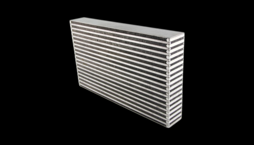 Vibrant horizontal flow intercooler core, angled view showing bar and plate fin construction, no end tanks