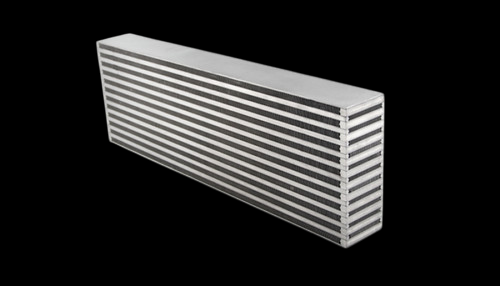 Vibrant horizontal flow intercooler core, angled view showing stacked cooling fins and end tank.
