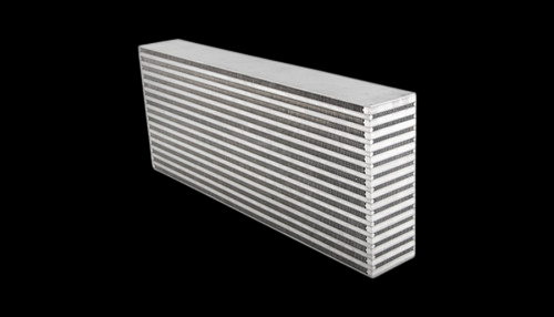 Vibrant horizontal flow intercooler core, angled view showing ribbed cooling fins and side tanks