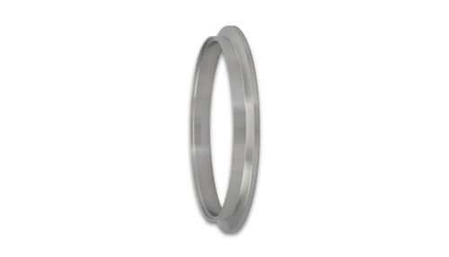 Vibrant stainless steel V-band flange ring, angled view showing machined groove and smooth outer edge