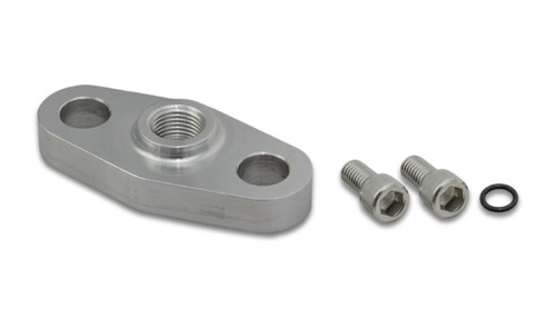 Vibrant aluminum turbo oil inlet flange with two Allen bolts and O-ring, top down view showing threaded port.