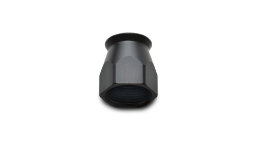 Vibrant -4AN black hose end socket for PTFE hose, hex body with flared collar, angled view