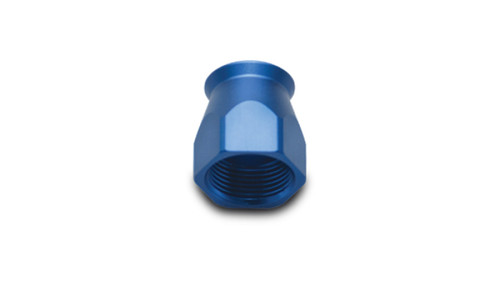 Vibrant -8AN hose end socket for PTFE hose ends, blue anodized aluminum, hex nut fitting shown at an angle