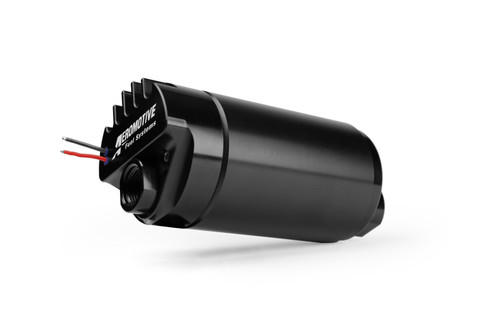 Aeromotive Brushless Pro-Series external in-line fuel pump, angled view showing black finned body, wiring leads and inlet fitting