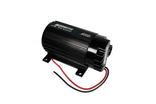 Aeromotive A1000 brushless inline fuel pump, black cylindrical body with mounting bracket, red and black wires and fittings visible