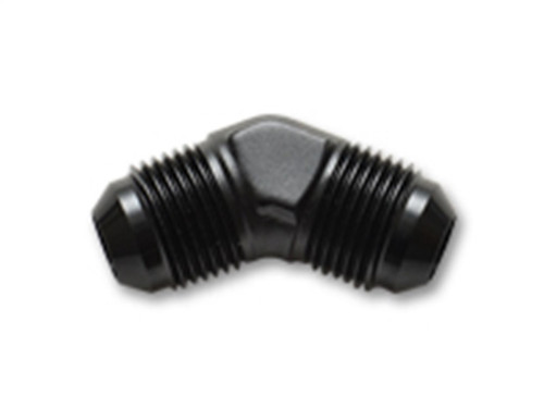 Vibrant black anodized 45 degree flare union adapter fitting, -3 AN, threaded male ends on both sides.