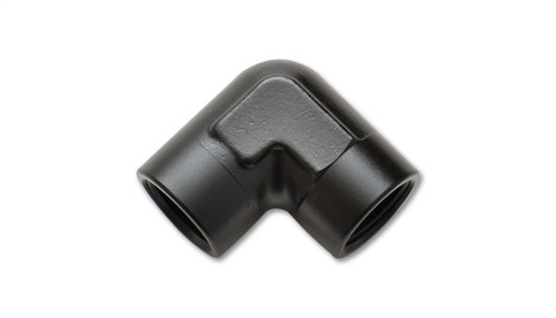Vibrant 3/8in NPT 90 degree female pipe coupler fitting, black anodized elbow, threaded ports on both ends.