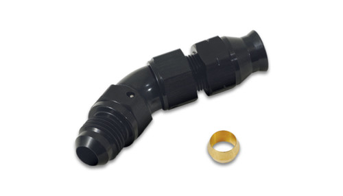 Vibrant 45 degree 5/16in tube to male -6AN flare adapter, black fitting with brass olive insert shown beside it