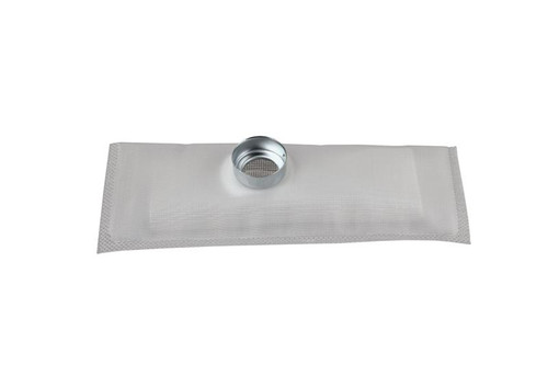 Aeromotive 340 Series fuel pump filter sock element with metal inlet cap, top angled view