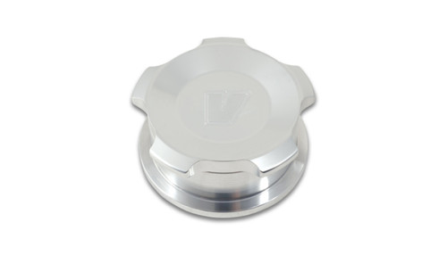 Vibrant polished aluminum threaded cap for 1.5in OD weld bung, angled top view showing scalloped grip edges