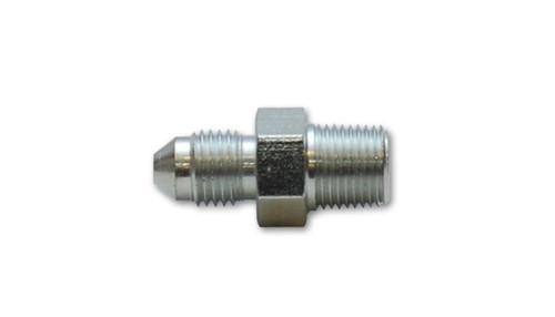 Vibrant steel adapter fitting, -3AN flare end and 1/8in NPT threaded end, hex nut center, side view