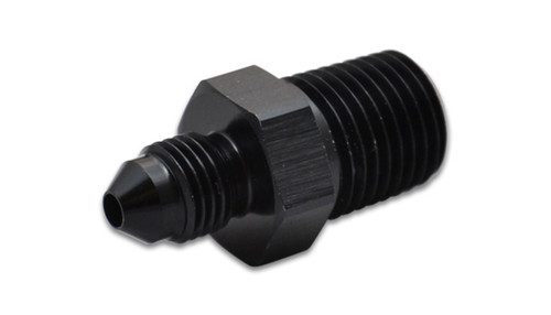 Vibrant -4AN to 1/8in NPT straight adapter fitting, black anodized aluminum, hex body with AN flare end.