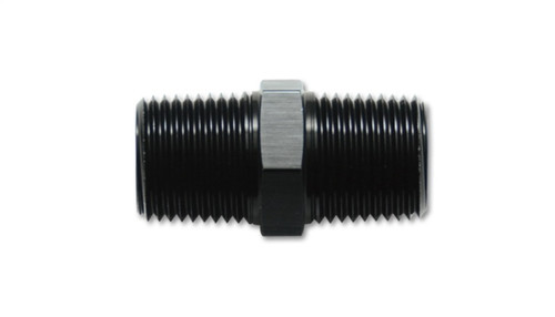 Vibrant 3/8in NPT to 3/8in NPT straight union pipe adapter, black aluminum, hex center, both threaded ends visible