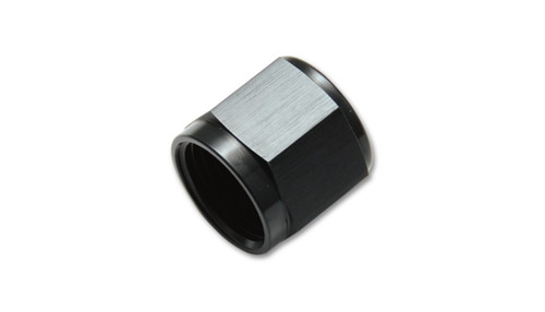 Vibrant -4AN tube nut fitting in black anodized aluminum, hex nut shape, angled front view showing bore opening.