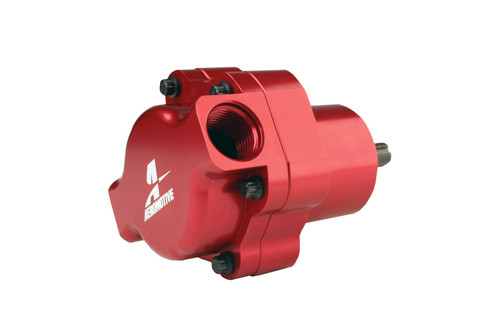 Aeromotive billet belt drive fuel pump, red anodized housing, angled view showing inlet port and mounting bolts