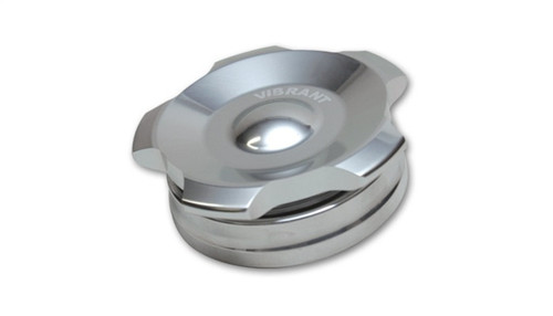 Vibrant polished aluminum threaded cap for 2in OD weld bung, shown at angle with O-ring visible beneath cap.