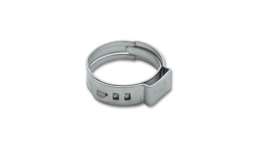Vibrant one ear stepless pinch clamp, stainless steel band shown from a front angle with the ear tab visible on the right side