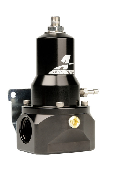 Aeromotive fuel pressure regulator, black anodized body with AN-10 ports and adjustment knob, front angled view