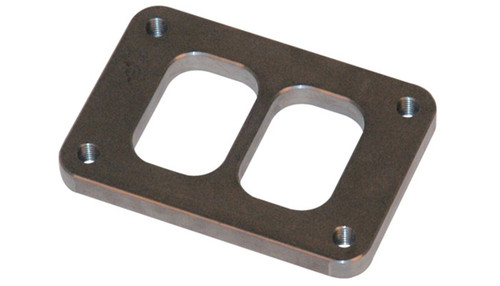 Vibrant T04 divided turbo inlet flange, mild steel, top angled view showing two ports and four bolt holes