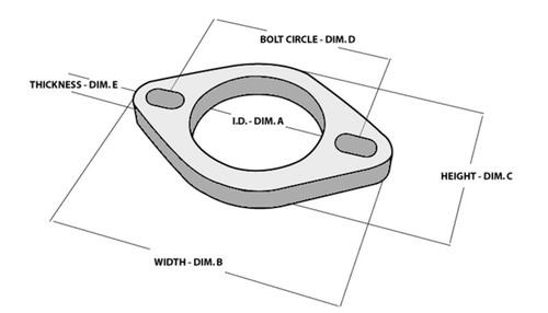 Diagram of a 2 bolt T304 stainless exhaust flange showing ID, bolt circle, width, height and thickness dims