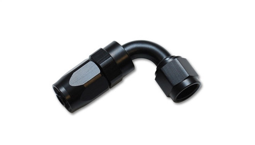 Vibrant -10AN 90 degree elbow hose end fitting in black anodized aluminum, swivel nut visible on straight side