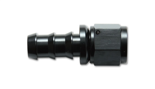 Vibrant -8AN push-on straight hose end fitting in black aluminum, side view showing barbed hose end and hex nut swivel