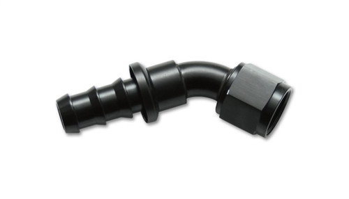 Vibrant -4AN push-on 45 degree hose end fitting, black aluminum, side view showing barb and hex nut