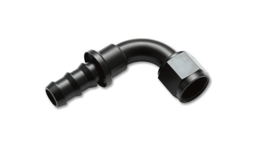 Vibrant -8AN push-on 90 degree hose end fitting, black aluminum, barbed nipple and hex nut visible.