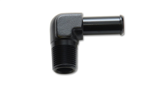 Vibrant 90 degree elbow fitting, black aluminum, 3/4 NPT threaded end to 3/4in hose barb end.