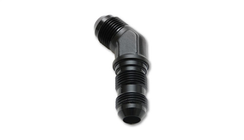 Vibrant -4AN black anodized 45 degree bulkhead adapter elbow, both AN flare ends and bulkhead threads visible