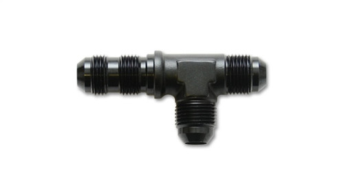 Vibrant -10AN bulkhead adapter tee, black anodized, showing three male AN flare fitting ends.