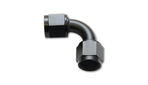 Vibrant -10AN female 90 degree union adapter, black anodized, both female swivel ends visible