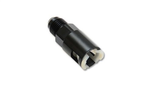 Vibrant black anodized -6AN to 5/16in quick disconnect EFI adapter fitting, angled view showing hex nut and white locking collar.