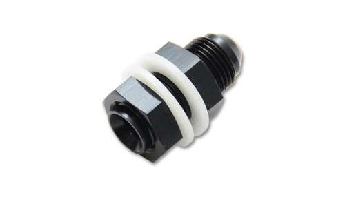Vibrant -12AN fuel cell bulkhead adapter fitting, black anodized, with white PTFE crush washers and nut visible