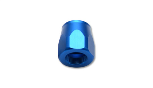 Vibrant -16AN hose end socket in blue, hex nut body with threaded bore, angled front view