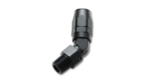 Vibrant -12AN 45 degree hose end fitting, black anodized, male NPT threads, swivel nut visible.