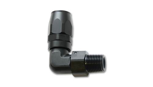 Vibrant Male NPT 90 Degree Hose End Fitting, -12AN to 1/2 NPT, black anodized swivel coupler with threaded elbow