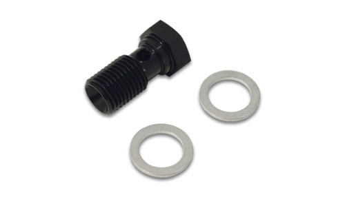 Vibrant black banjo bolt, M8 x 1.0, 20mm length, shown with two metal sealing washers on white background.
