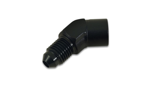 Vibrant -3AN to 1/8in NPT 45 degree adapter fitting, black anodized, male AN flare end on one side, female NPT port on the other.